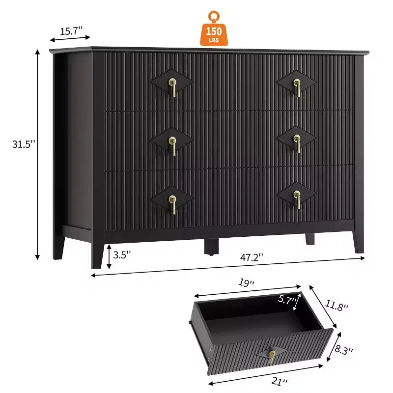 54 Wide 6-Drawer Dresser, Modern Chest with Metal Handles for Bedroom Storage, Black