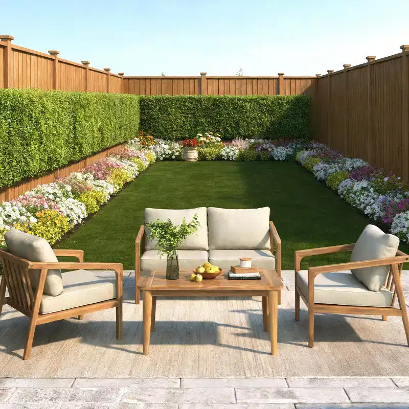 Acacia Wood Outdoor Sofa Set Patio Conversation Set Outdoor Furniture Set with Coffee Table & Cushions, Teak+Beige - ModernLuxe