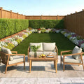 Acacia Wood Outdoor Sofa Set Patio Conversation Set Outdoor Furniture Set with Coffee Table & Cushions, Teak+Beige - ModernLuxe