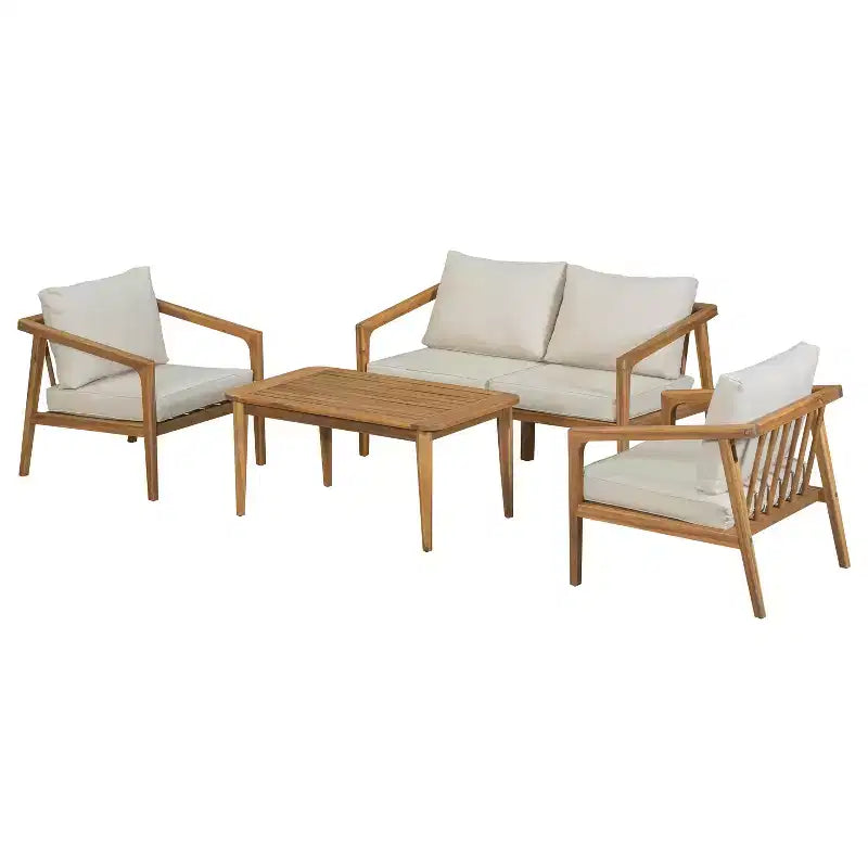 Ensemble de canapé d'extérieur en bois d'acacia Salon de jardin avec table basse et coussins, Teck+Beige - ModernLuxe