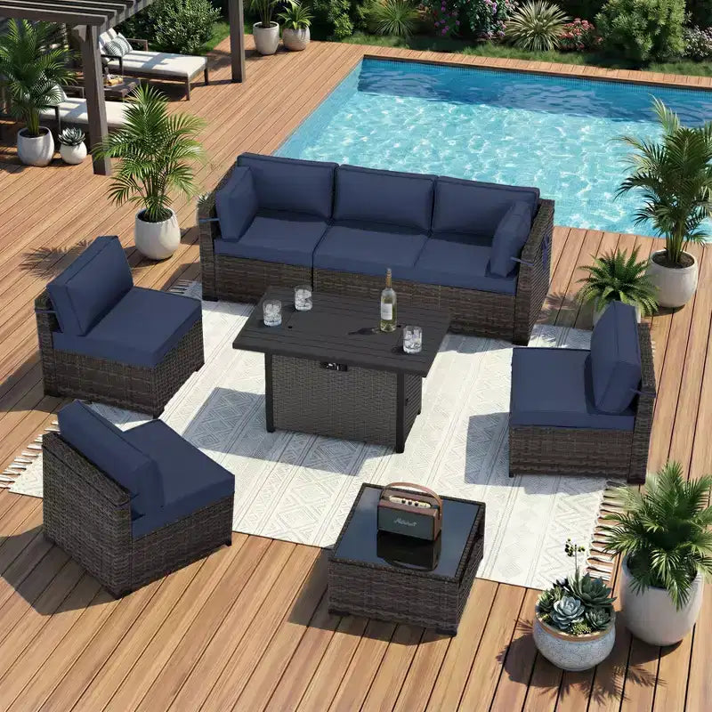 Ensemble de canapés d'extérieur haut de gamme UPTIOT avec méridiennes d'angle, fauteuils d'appoint et table brasero grise convertible pour un confort ultime sur votre terrasse