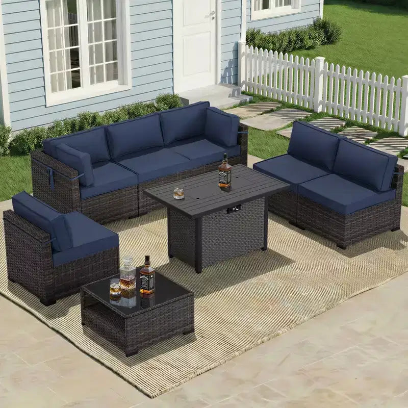 Ensemble de canapés d'extérieur haut de gamme UPTIOT avec méridiennes d'angle, fauteuils d'appoint et table brasero grise convertible pour un confort ultime sur votre terrasse