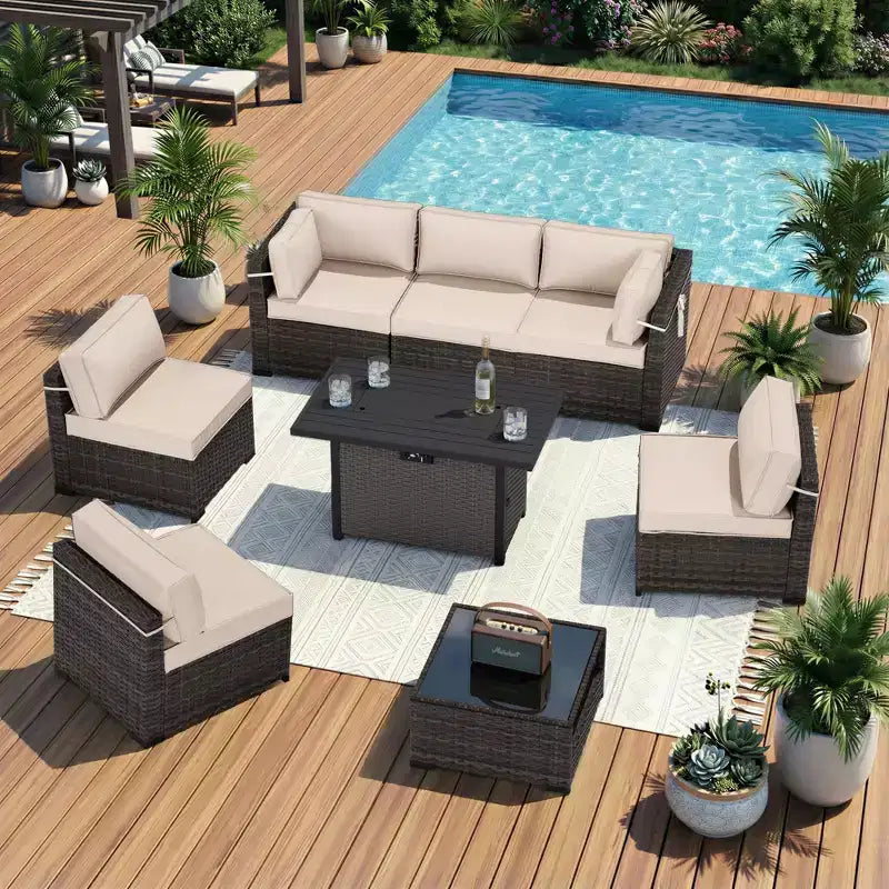 Ensemble de canapés d'extérieur haut de gamme UPTIOT avec méridiennes d'angle, fauteuils d'appoint et table brasero grise convertible pour un confort ultime sur votre terrasse