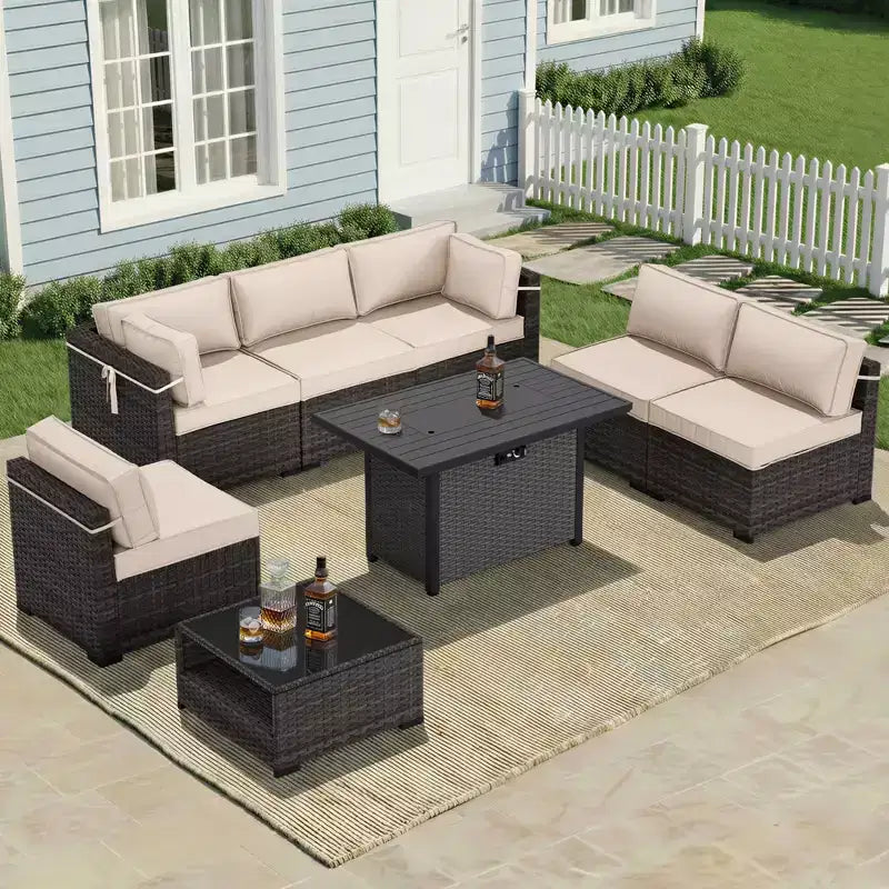 Ensemble de canapés d'extérieur haut de gamme UPTIOT avec méridiennes d'angle, fauteuils d'appoint et table brasero grise convertible pour un confort ultime sur votre terrasse