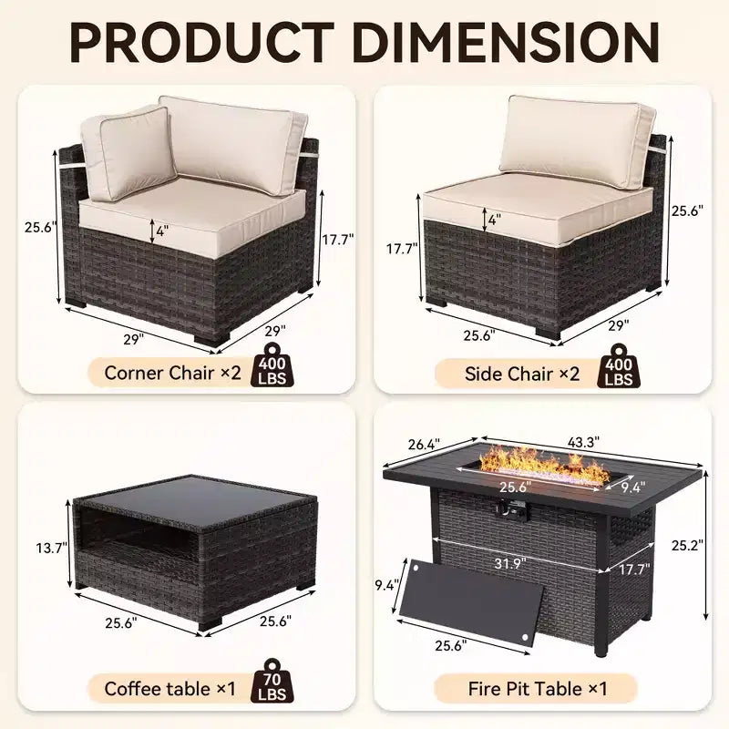 Ensemble de canapés d'extérieur haut de gamme UPTIOT avec méridiennes d'angle, fauteuils d'appoint et table brasero grise convertible pour un confort ultime sur votre terrasse