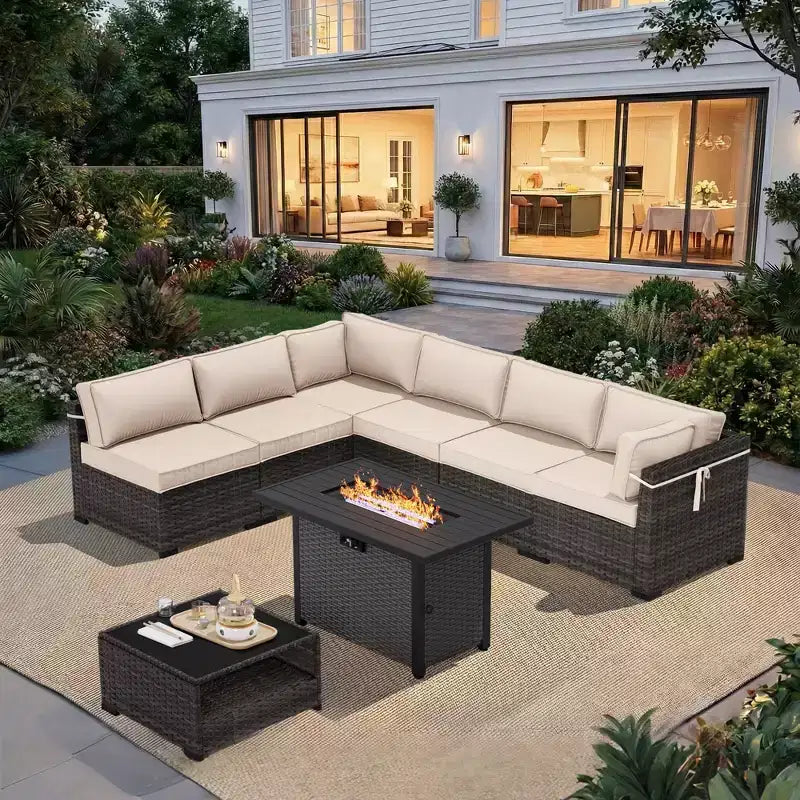 UPTIOT Premium Outdoor Sofa Set with Corner Loungers, Accent Chairs & Grey Convertible Fire Table for Ultimate Patio Comfort
