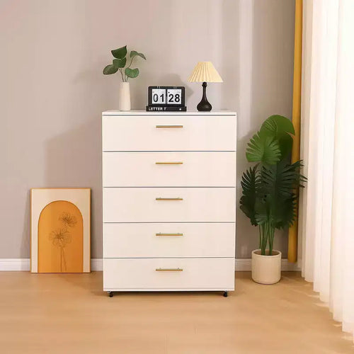 JVNOXK 30-inch Modern Five-Drawer Cabinet with Handles Storage Cabinet with Four-Way Casters Suitable for Bedrooms and Living Rooms White