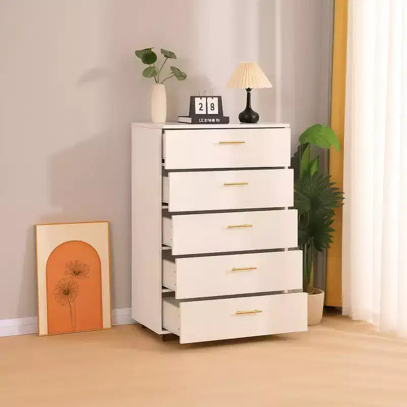 30" Modern 5-Drawer Storage Cabinet with Handles and 4-Way Casters, White, for Bedroom or Living Room