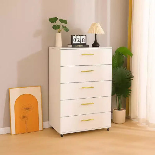 Meuble de rangement moderne à 5 tiroirs de 76 cm avec poignées et roulettes multidirectionnelles, blanc, pour chambre ou salon