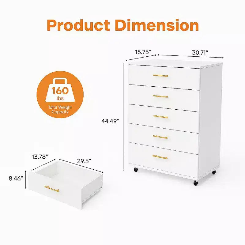 30" Modern 5-Drawer Storage Cabinet with Handles and 4-Way Casters, White, for Bedroom or Living Room