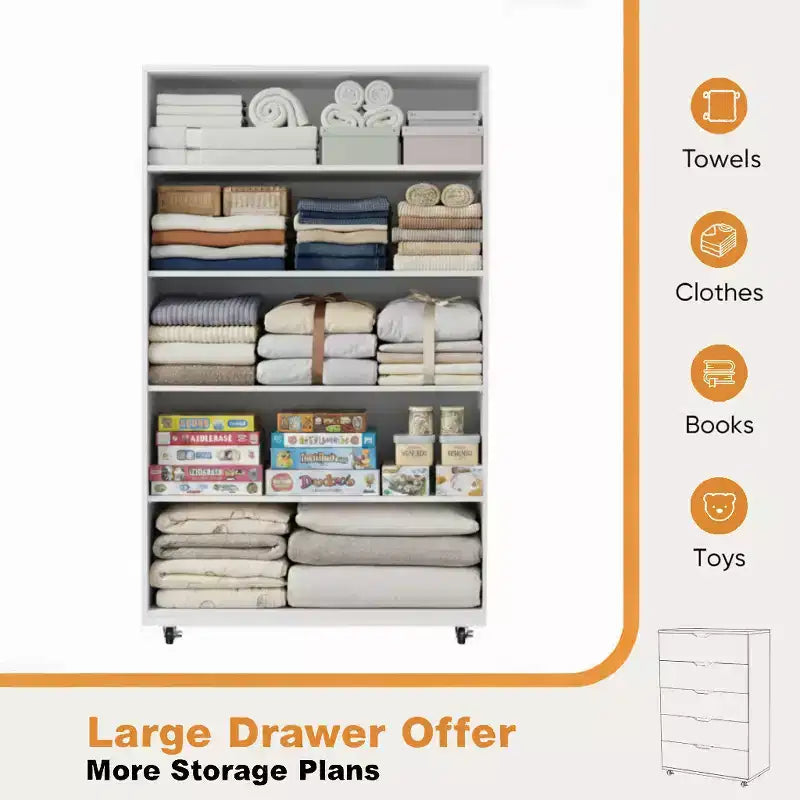 30" Modern 5-Drawer Storage Cabinet with Handles and 4-Way Casters, White, for Bedroom or Living Room