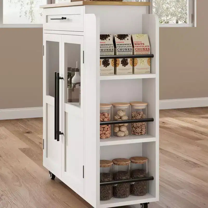 Kitchen Island, 48 Retro Farmhouse Coffee Bar Station with Storage & Glass Door Cabinet, for Dining Room