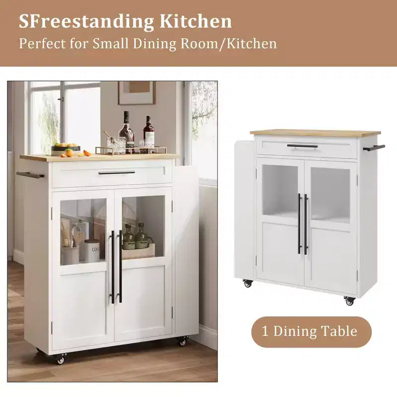 Kitchen Island, 48 Retro Farmhouse Coffee Bar Station with Storage & Glass Door Cabinet, for Dining Room