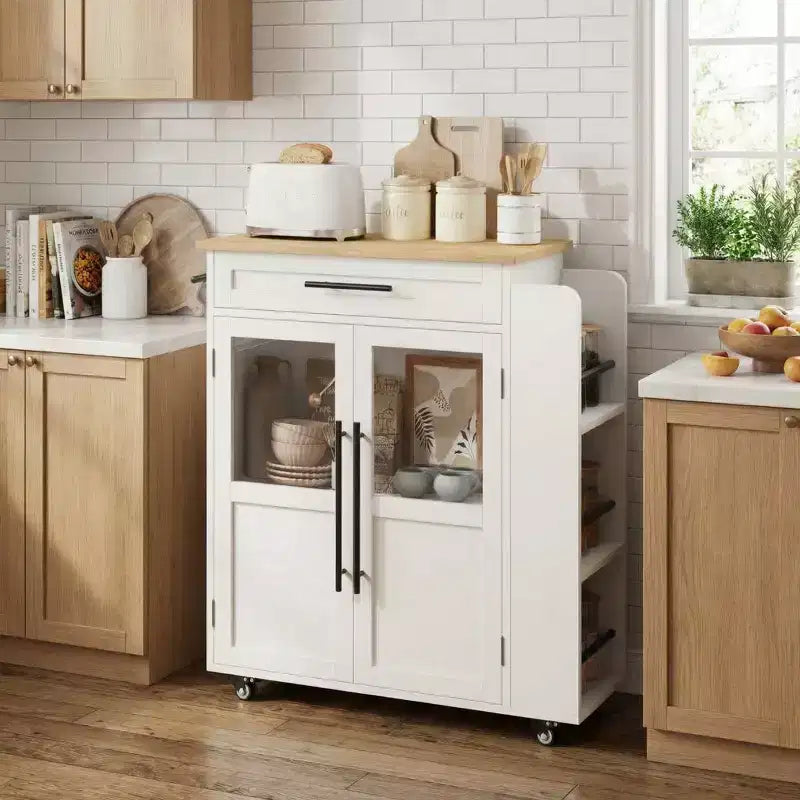 Kitchen Island, 48 Retro Farmhouse Coffee Bar Station with Storage & Glass Door Cabinet, for Dining Room