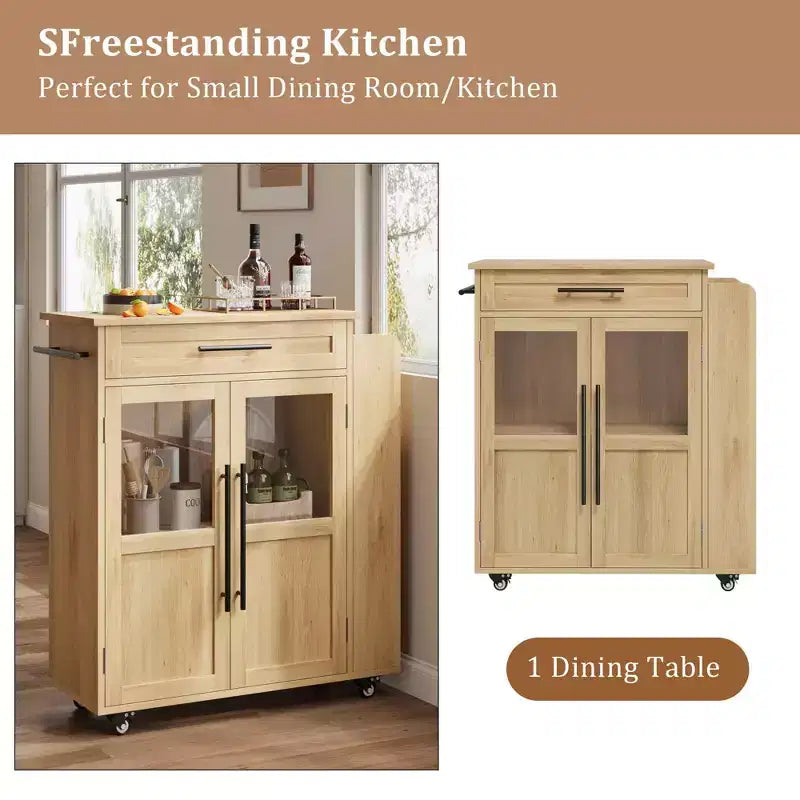 Kitchen Island, 48 Retro Farmhouse Coffee Bar Station with Storage & Glass Door Cabinet, for Dining Room