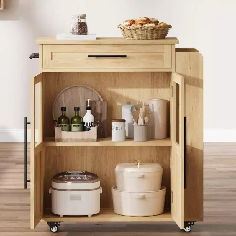 Kitchen Island, 48 Retro Farmhouse Coffee Bar Station with Storage & Glass Door Cabinet, for Dining Room