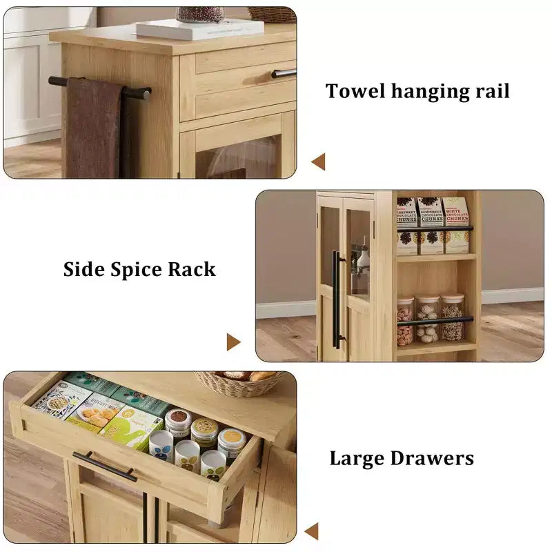 Kitchen Island, 48 Retro Farmhouse Coffee Bar Station with Storage & Glass Door Cabinet, for Dining Room