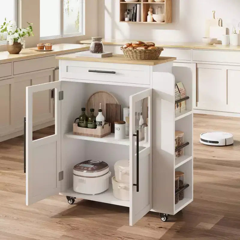 Kitchen Island, 48 Retro Farmhouse Coffee Bar Station with Storage & Glass Door Cabinet, for Dining Room