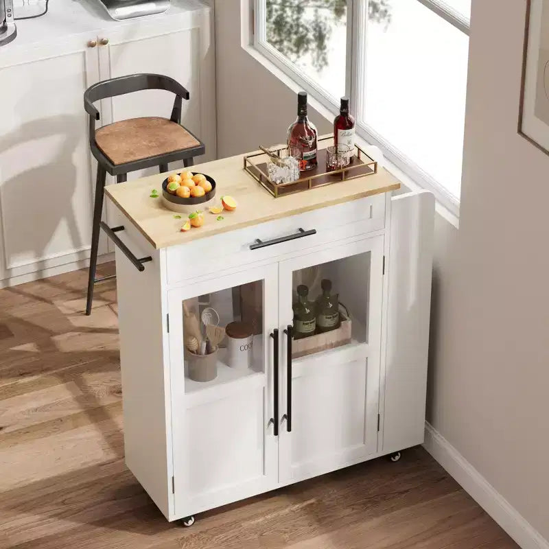 Kitchen Island, 48 Retro Farmhouse Coffee Bar Station with Storage & Glass Door Cabinet, for Dining Room
