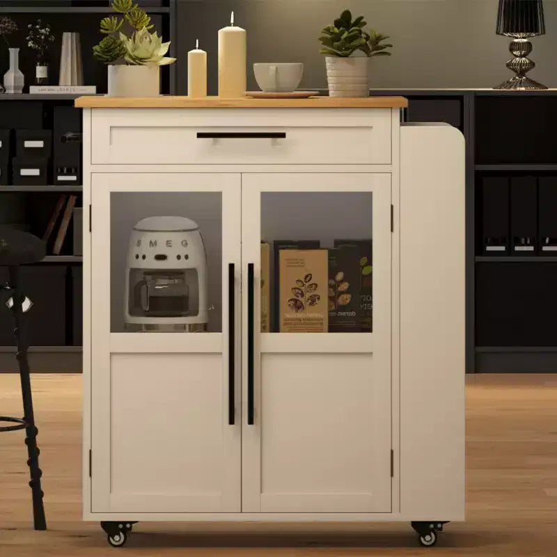 Îlot de cuisine, 48 po, Meuble bar à café rétro de style ferme avec rangement et armoire vitrée, pour salle à manger