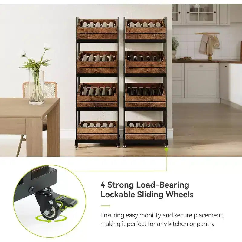 4-Tier Wooden Kitchen Cart with Wheels, Mobile Fruit and Vegetable Storage Rack for Pantry or Bedroom