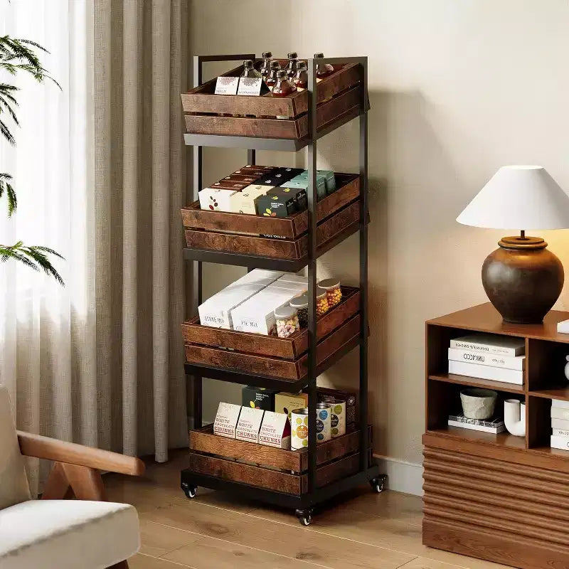 4-Tier Wooden Kitchen Cart with Wheels, Mobile Fruit and Vegetable Storage Rack for Pantry or Bedroom