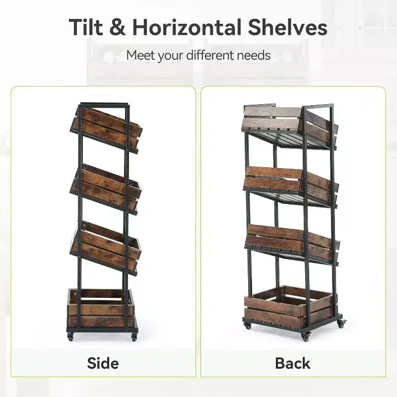 4-Tier Wooden Kitchen Cart with Wheels, Mobile Fruit and Vegetable Storage Rack for Pantry or Bedroom
