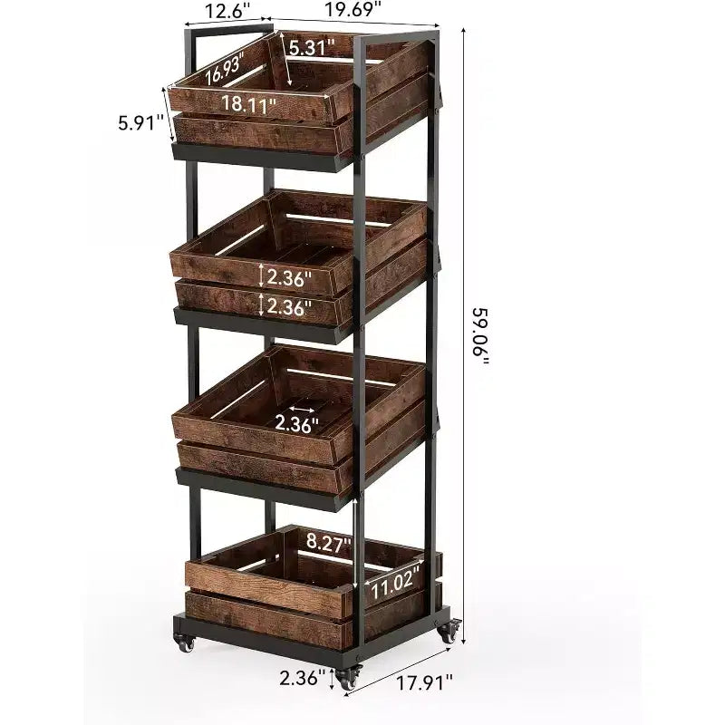 4-Tier Wooden Kitchen Cart with Wheels, Mobile Fruit and Vegetable Storage Rack for Pantry or Bedroom