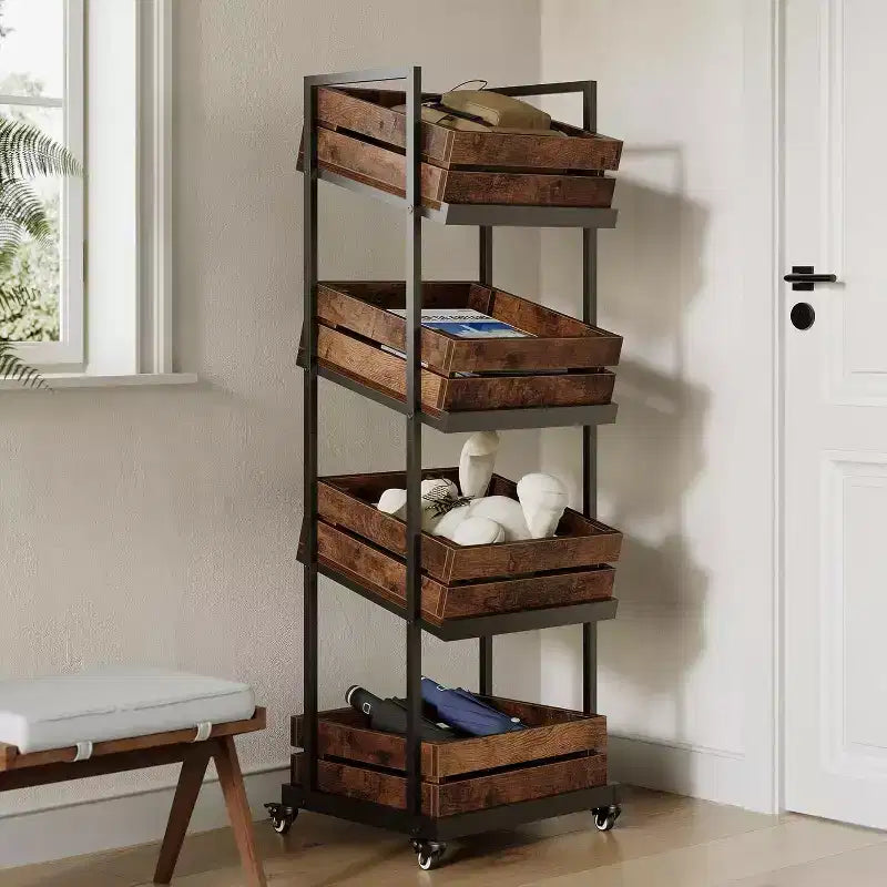 4-Tier Wooden Kitchen Cart with Wheels, Mobile Fruit and Vegetable Storage Rack for Pantry or Bedroom