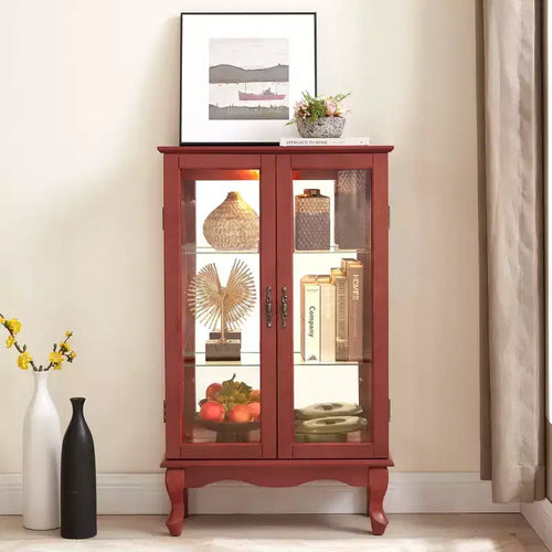 2-Door Curio Cabinet with Tempered Glass Doors, Mirrored Back Panel, Adjustable Shelves, and Light for Home Office