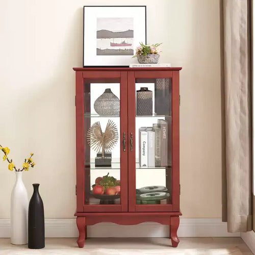 Vitrine à 2 portes avec portes en verre trempé, panneau arrière miroir, étagères réglables et éclairage pour le bureau à domicile