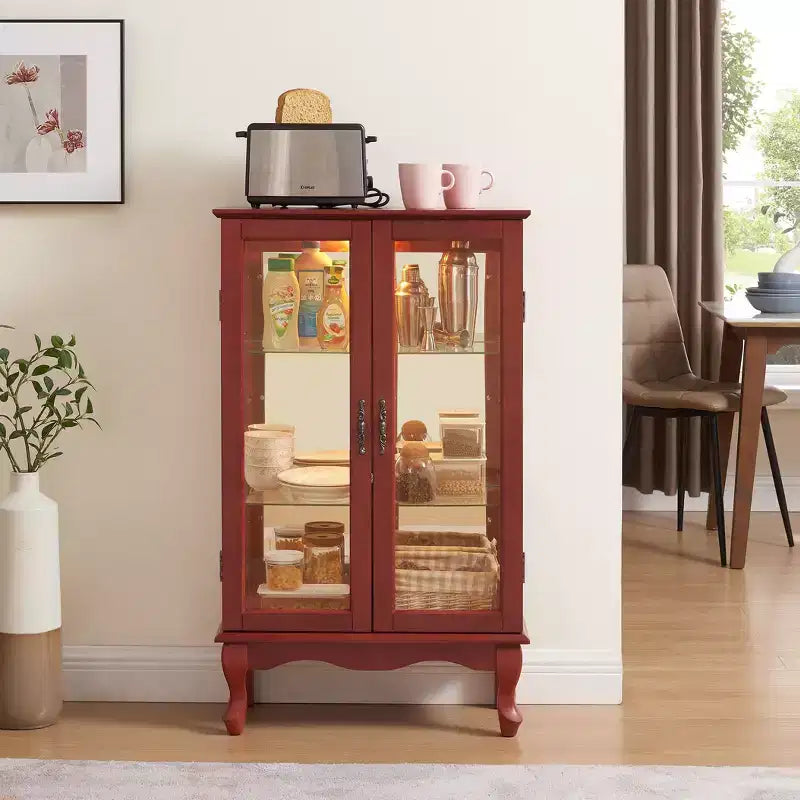 2-Door Curio Cabinet with Tempered Glass Doors, Mirrored Back Panel, Adjustable Shelves, and Light for Home Office