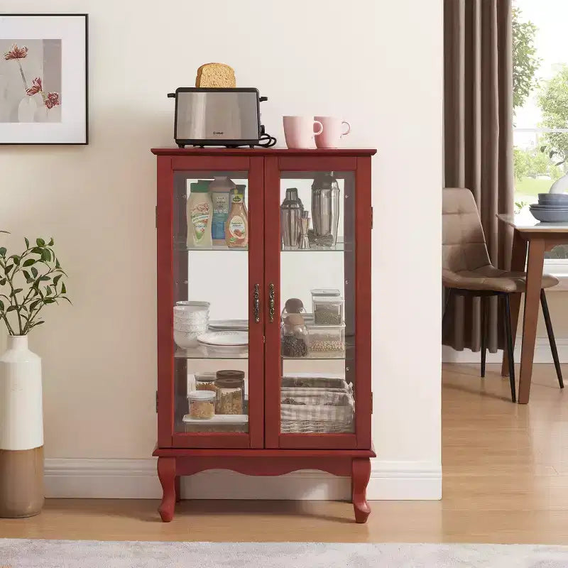 2-Door Curio Cabinet with Tempered Glass Doors, Mirrored Back Panel, Adjustable Shelves, and Light for Home Office