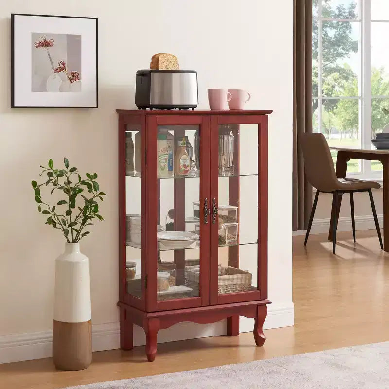2-Door Curio Cabinet with Tempered Glass Doors, Mirrored Back Panel, Adjustable Shelves, and Light for Home Office