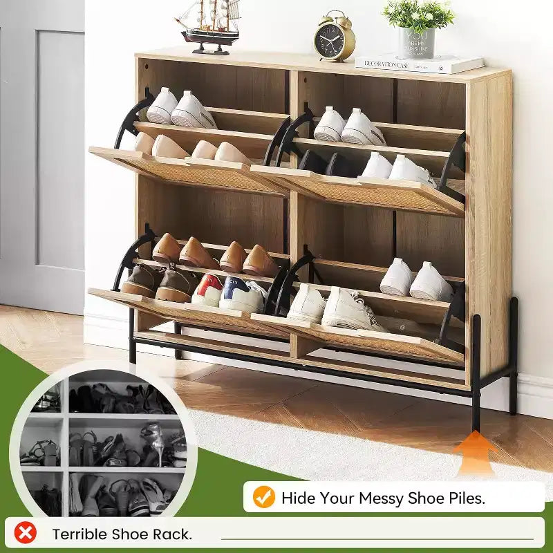 Freestanding Rattan Shoe Cabinet with Four Flip Drawers, Hidden Shoe Storage Unit, Slim Space-Saving Shoe Rack for Entryway, Hallway, Living Room