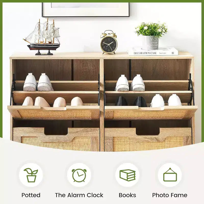 Freestanding Rattan Shoe Cabinet with Four Flip Drawers, Hidden Shoe Storage Unit, Slim Space-Saving Shoe Rack for Entryway, Hallway, Living Room