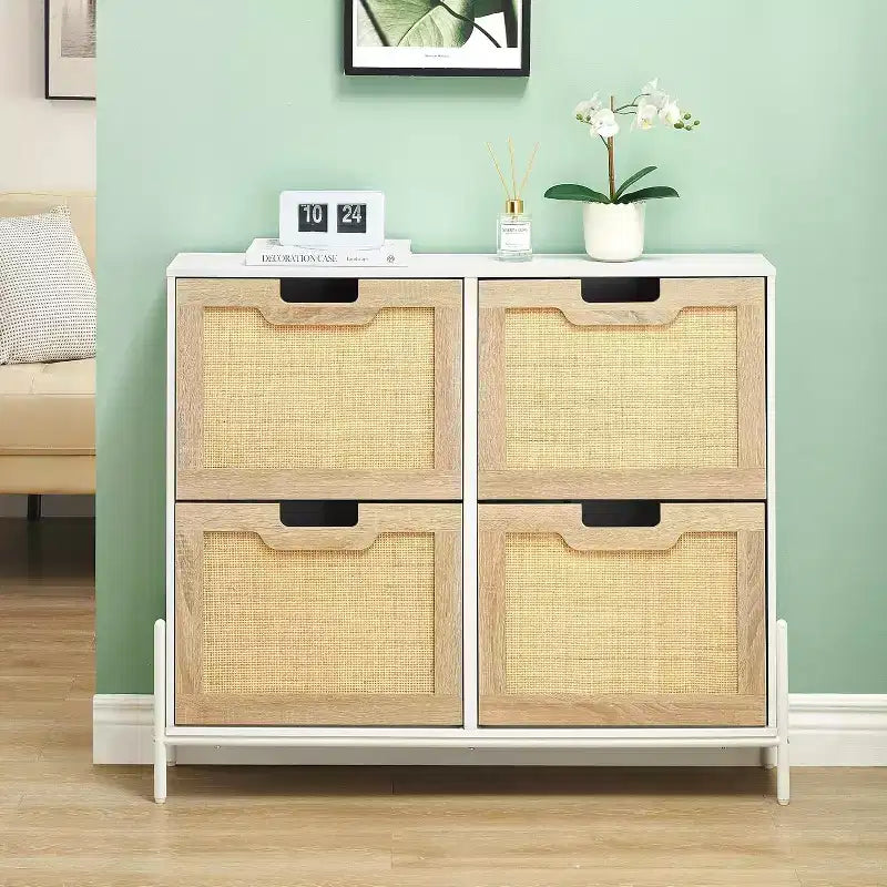 Freestanding Rattan Shoe Cabinet with Four Flip Drawers, Hidden Shoe Storage Unit, Slim Space-Saving Shoe Rack for Entryway, Hallway, Living Room