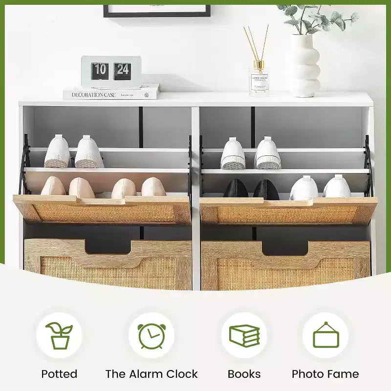 Freestanding Rattan Shoe Cabinet with Four Flip Drawers, Hidden Shoe Storage Unit, Slim Space-Saving Shoe Rack for Entryway, Hallway, Living Room
