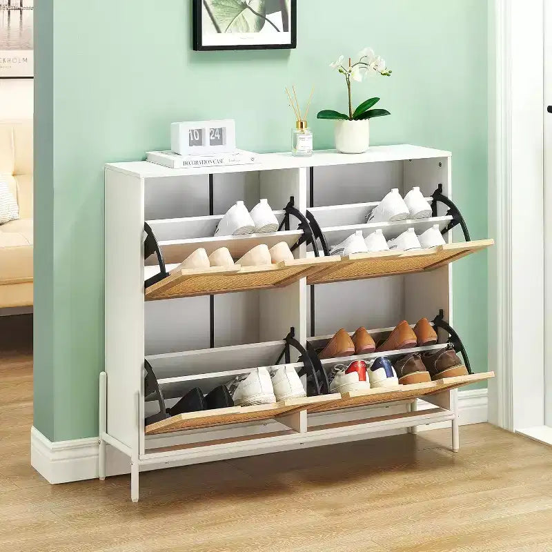Freestanding Rattan Shoe Cabinet with Four Flip Drawers, Hidden Shoe Storage Unit, Slim Space-Saving Shoe Rack for Entryway, Hallway, Living Room