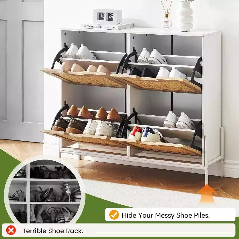 Freestanding Rattan Shoe Cabinet with Four Flip Drawers, Hidden Shoe Storage Unit, Slim Space-Saving Shoe Rack for Entryway, Hallway, Living Room