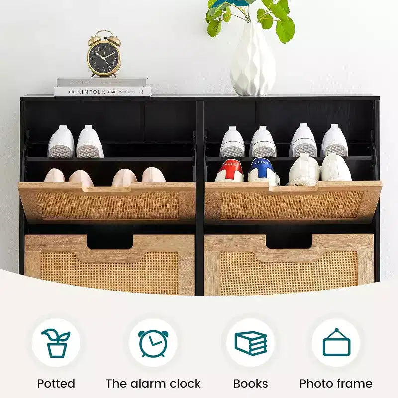 Freestanding Rattan Shoe Cabinet with Four Flip Drawers, Hidden Shoe Storage Unit, Slim Space-Saving Shoe Rack for Entryway, Hallway, Living Room