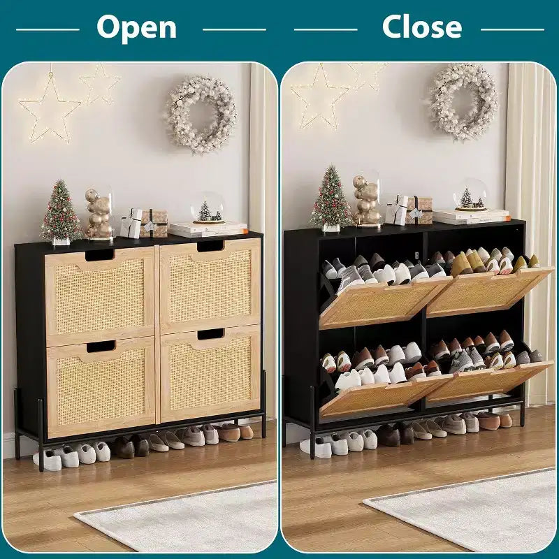 Freestanding Rattan Shoe Cabinet with Four Flip Drawers, Hidden Shoe Storage Unit, Slim Space-Saving Shoe Rack for Entryway, Hallway, Living Room