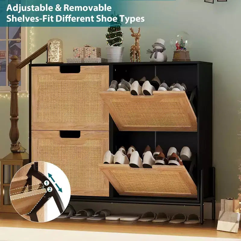 Freestanding Rattan Shoe Cabinet with Four Flip Drawers, Hidden Shoe Storage Unit, Slim Space-Saving Shoe Rack for Entryway, Hallway, Living Room