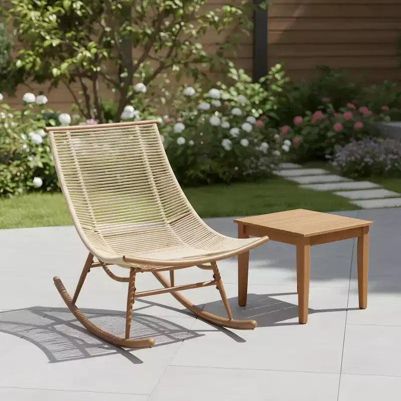 Christopher Knight Home Abhay Farmhouse 2 Piece Patio Dining Set with Acacia Wood Table and Iron Rocking Chair