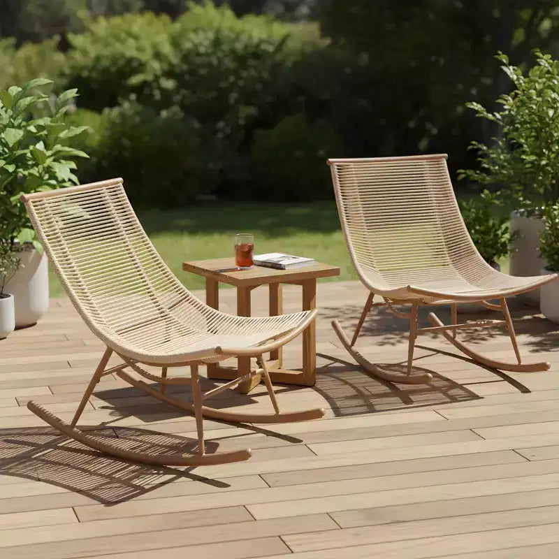 Christopher Knight Home Iolanda Farmhouse 3 Piece Patio Dining Set with Acacia Wood Table and Iron Rocking Chairs