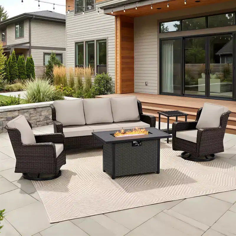 UPTIOT 5-Piece Outdoor Set: 3-Seat Sofa, 2 Swivel Chairs, Fire Pit Table & Side Table