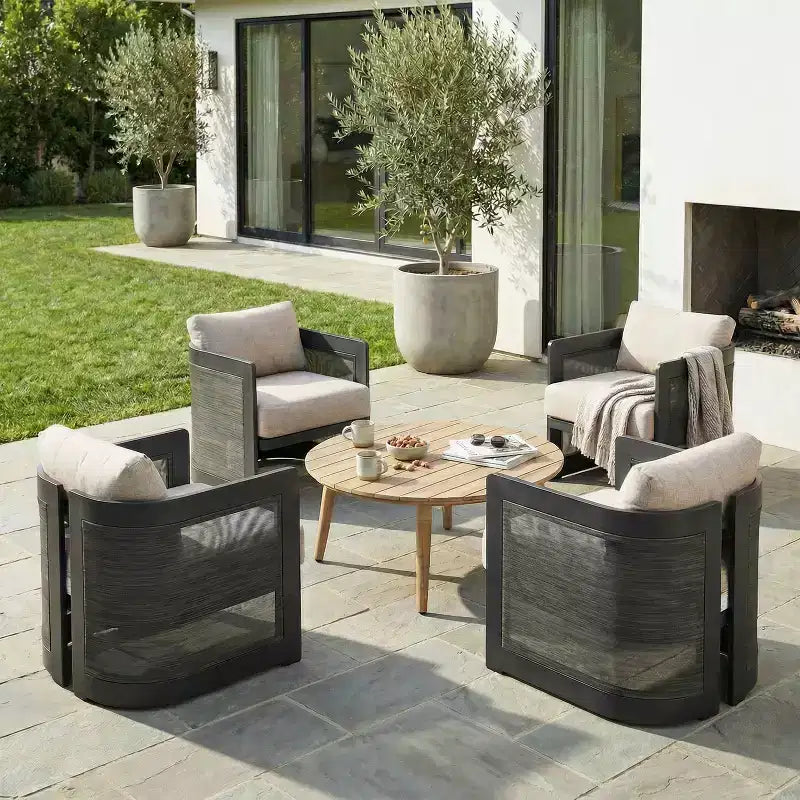 Ensemble de conversation d'extérieur moderne 5 pièces Christopher Knight Home Mah en aluminium avec table basse ronde à lattes en bois d'acacia