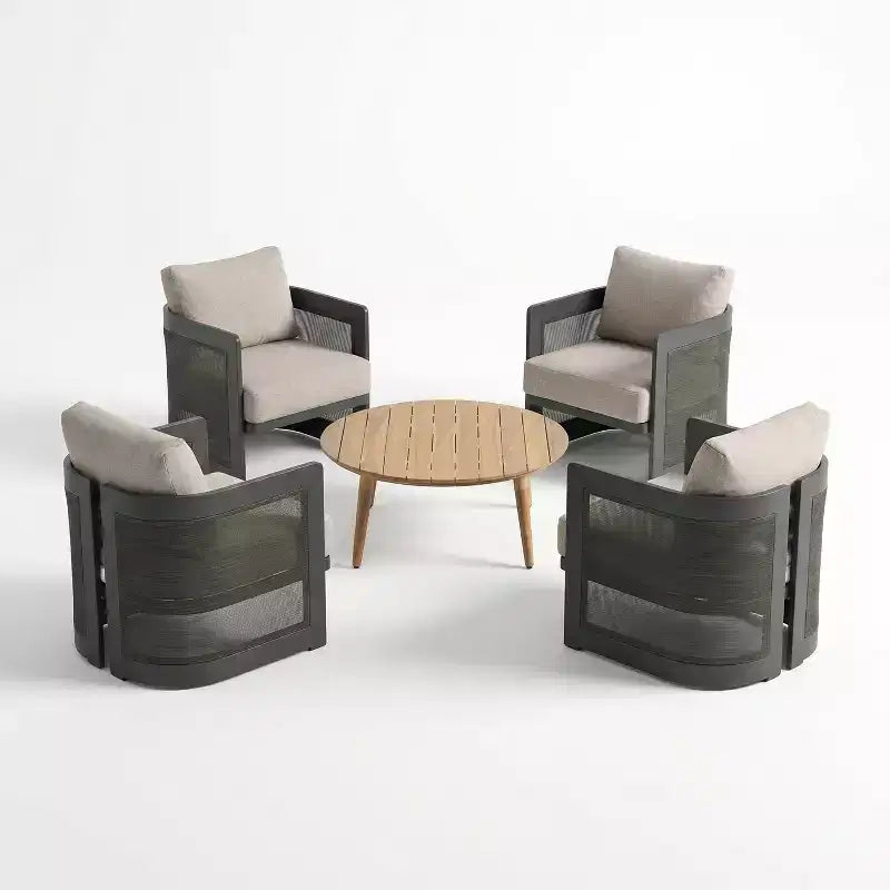Ensemble de conversation d'extérieur moderne 5 pièces Christopher Knight Home Mah en aluminium avec table basse ronde à lattes en bois d'acacia
