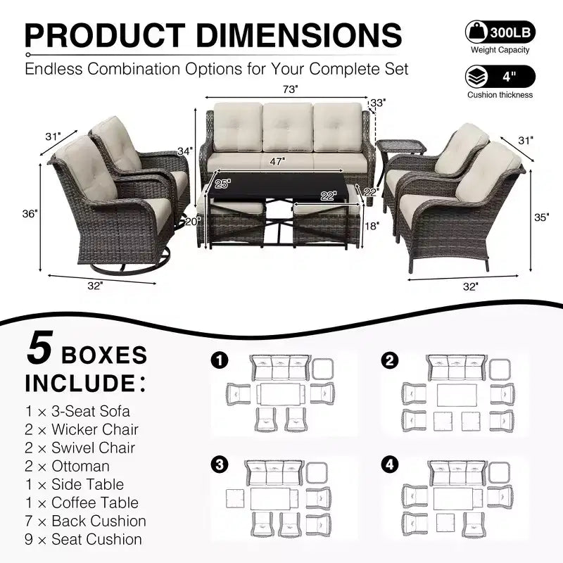 Ensemble de salon d'extérieur haut de gamme UPTIOT avec canapé, fauteuils pivotants et ottoman pour un confort et un style optimaux