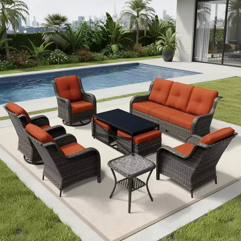 Ensemble de salon d'extérieur haut de gamme UPTIOT avec canapé, fauteuils pivotants et ottoman pour un confort et un style optimaux